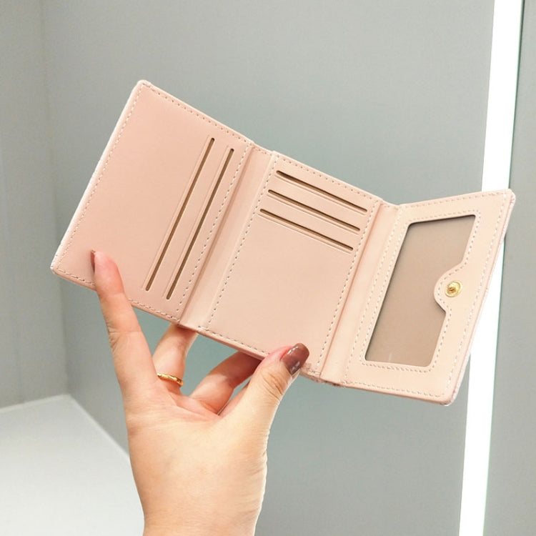 Light Pink Ruched Textured Bow Pearl Clip Tri-Fold Short Wallet showcasing elegant design and compact size.