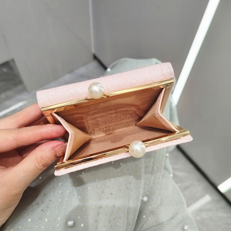 Light Pink Ruched Textured Bow Pearl Clip Tri-Fold Short Wallet showcasing elegant design and compact size.