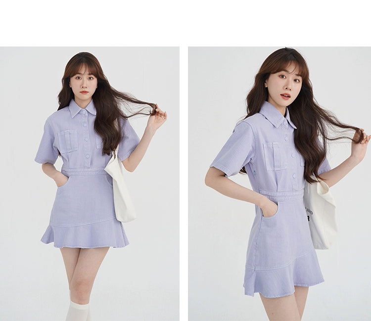 A stylish Ruffled Short Sleeves A-line Denim Dress displayed on a mannequin, showcasing its ruffled sleeves and flattering A-line silhouette.