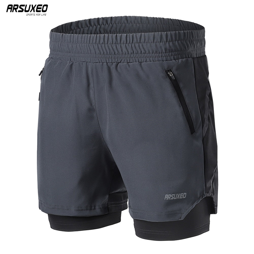 Men's 2 in 1 running shorts in blue, black, and gray with a zipper pocket, designed for quick-dry athletic training and jogging.