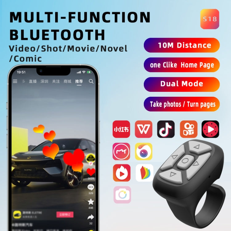 S18 Portable Smart Wireless Bluetooth Ring Remote Control in black, ergonomically designed to fit comfortably on your finger for easy operation.