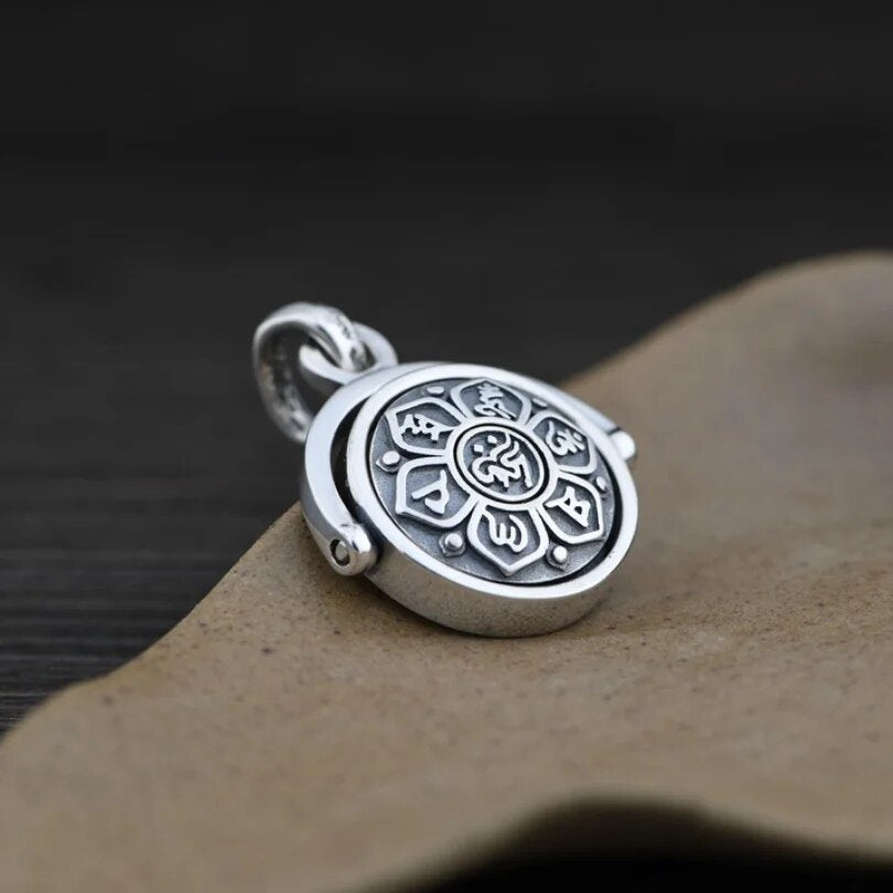 S925 Sterling Silver Buddhist six-character mantra pendant showcasing intricate design and rotating feature, suitable for men and women.
