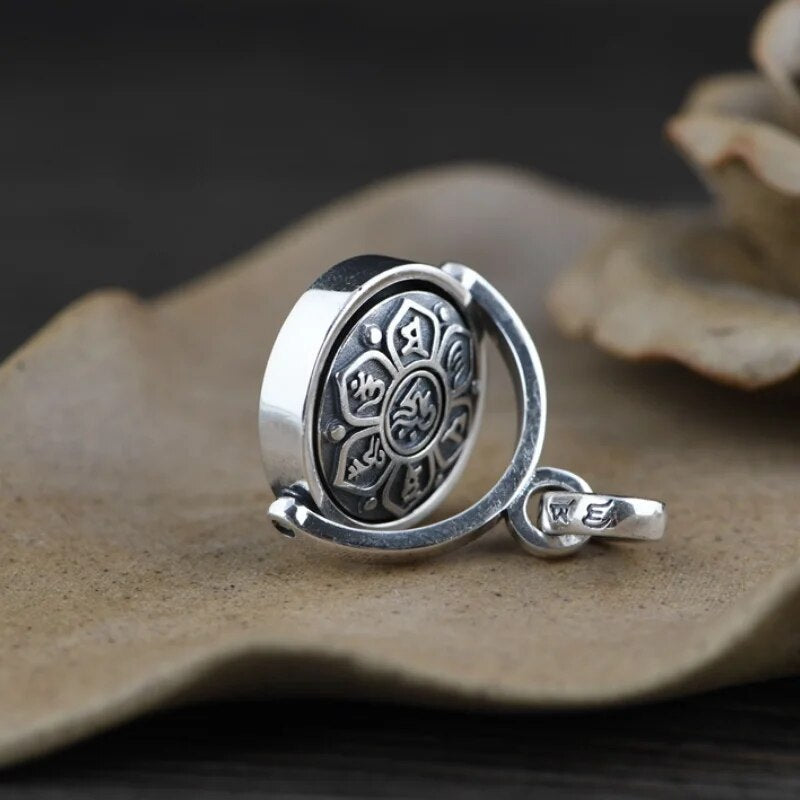 S925 Sterling Silver Buddhist six-character mantra pendant showcasing intricate design and rotating feature, suitable for men and women.