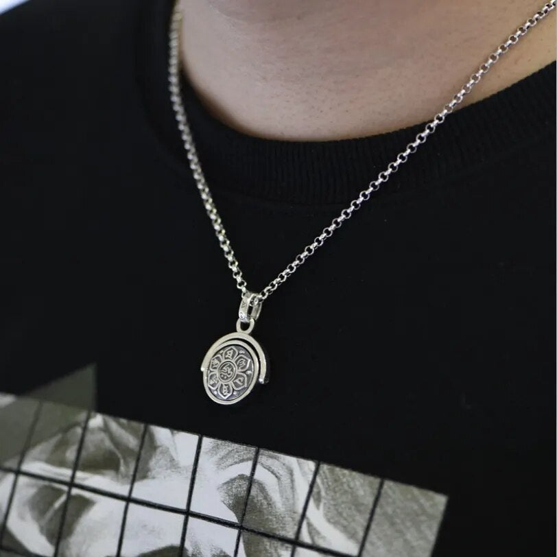 S925 Sterling Silver Buddhist six-character mantra pendant showcasing intricate design and rotating feature, suitable for men and women.
