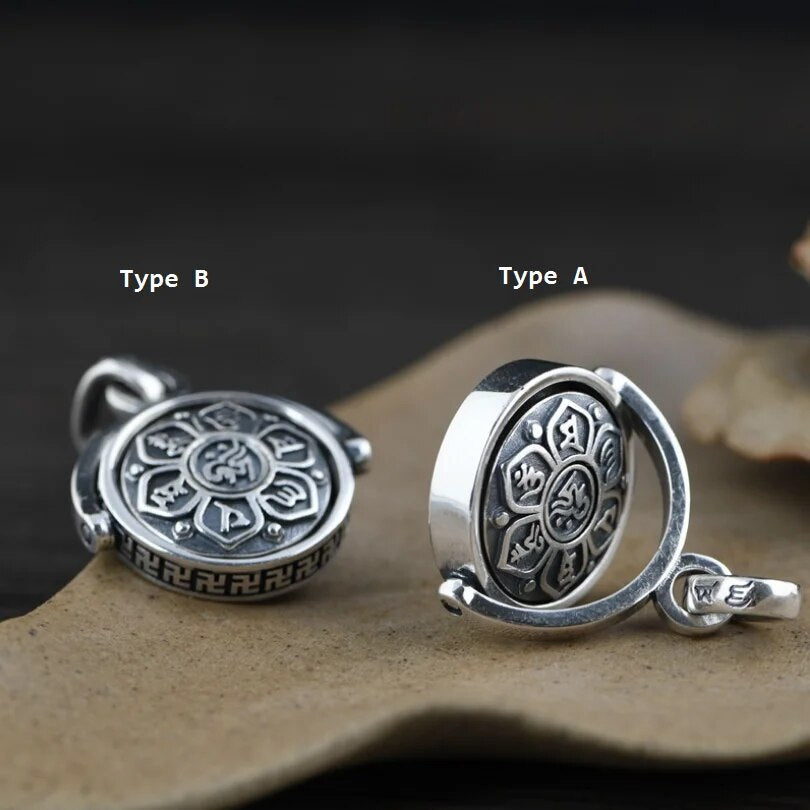 S925 Sterling Silver Buddhist six-character mantra pendant showcasing intricate design and rotating feature, suitable for men and women.