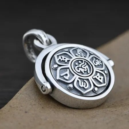 S925 Sterling Silver Buddhist six-character mantra pendant showcasing intricate design and rotating feature, suitable for men and women.