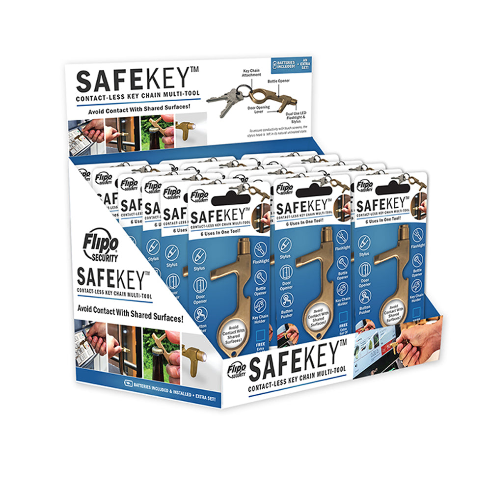 Safe Key Contact-Less LED Keychain Multi-Tool in rose gold, silver, and purple, showcasing its ergonomic design and multiple functionalities.