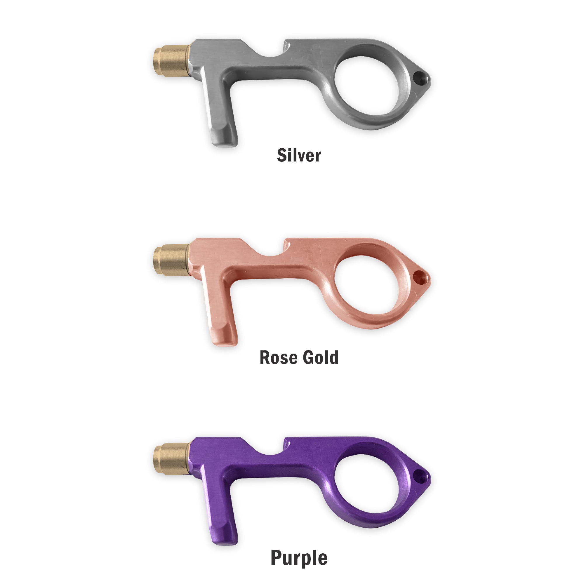Safe Key Contact-Less LED Keychain Multi-Tool in rose gold, silver, and purple, showcasing its ergonomic design and multiple functionalities.