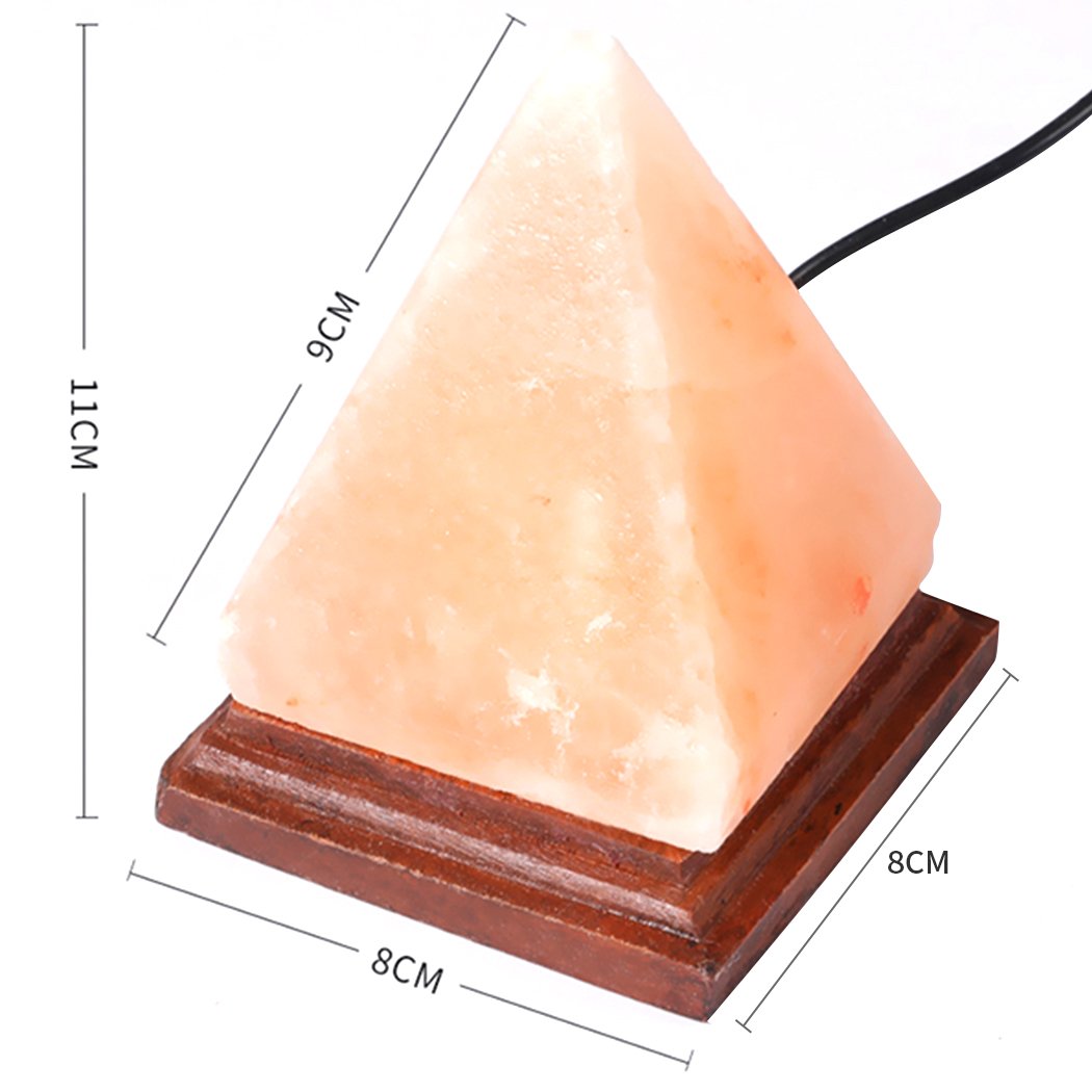 A USB Himalayan Salt Lamp Globe with a pyramid shape, emitting a warm orange glow, showcasing natural salt crystals.