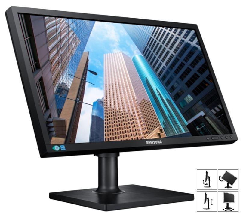 Samsung 24' E65 FHD PLS Monitor showcasing its sleek design and adjustable height features.
