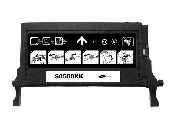 SAMSUNG CLT-K508K Premium Remanufactured Black Toner cartridge, showcasing its sleek design and packaging.