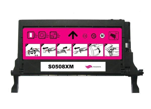 SAMSUNG CLT-M508L Premium Remanufactured Magenta Toner cartridge, showcasing its vibrant color and design.