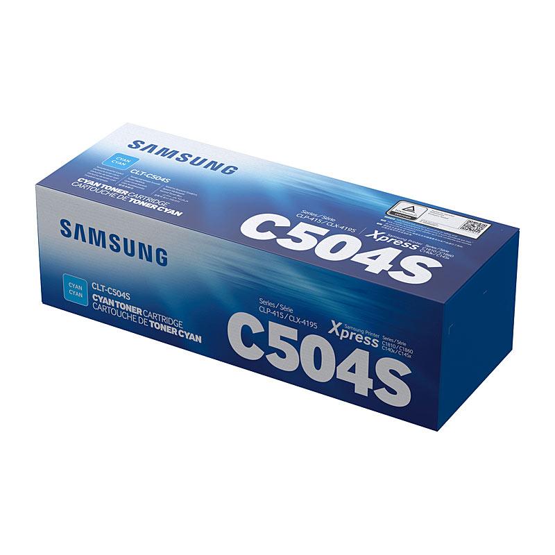 SAMSUNG CLTC504S Cyan Toner cartridge, vibrant cyan color, designed for high-quality printing.
