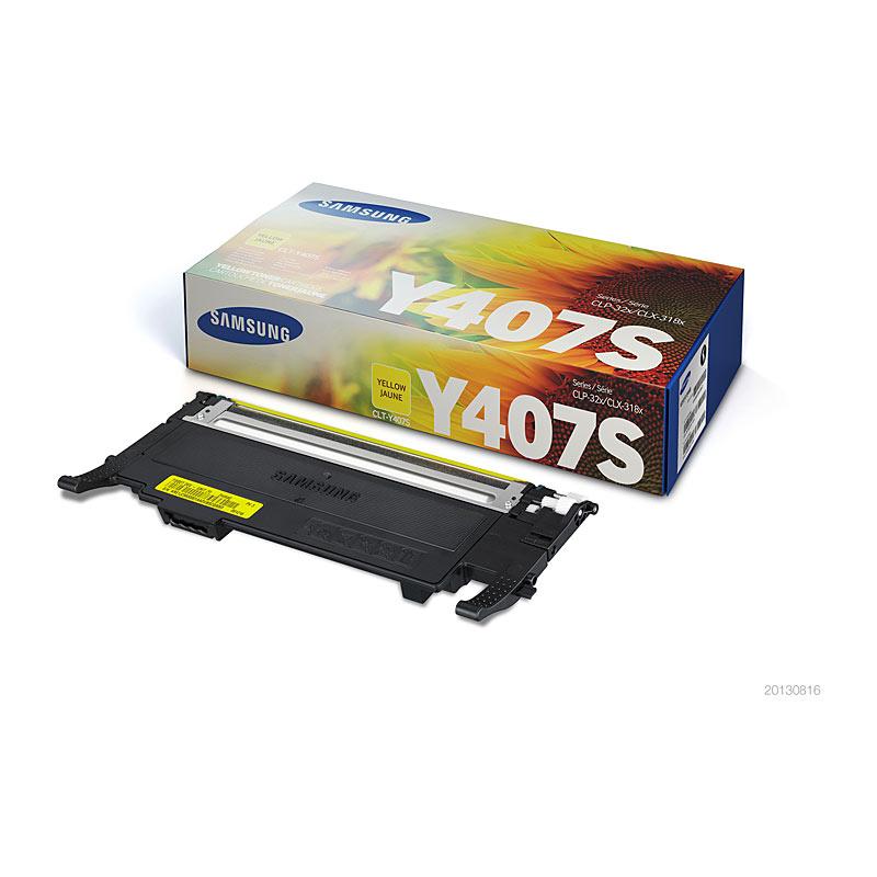 SAMSUNG CLTY407S Yellow Toner cartridge with vibrant yellow color, designed for high-quality printing.