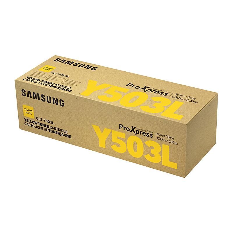 SAMSUNG CLTY503L Yellow Toner cartridge with packaging, designed for high-quality printing.