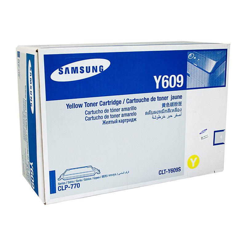 SAMSUNG CLTY609S Yellow Toner cartridge with packaging, showcasing its vibrant yellow color and branding.