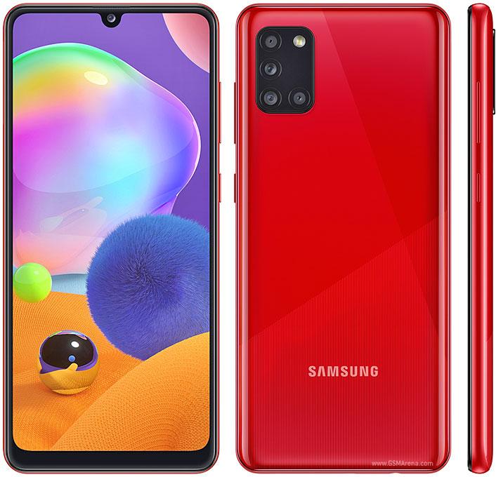 SAMSUNG Galaxy A31 in Crush Red showcasing its 6.4-inch screen and quad-camera setup.