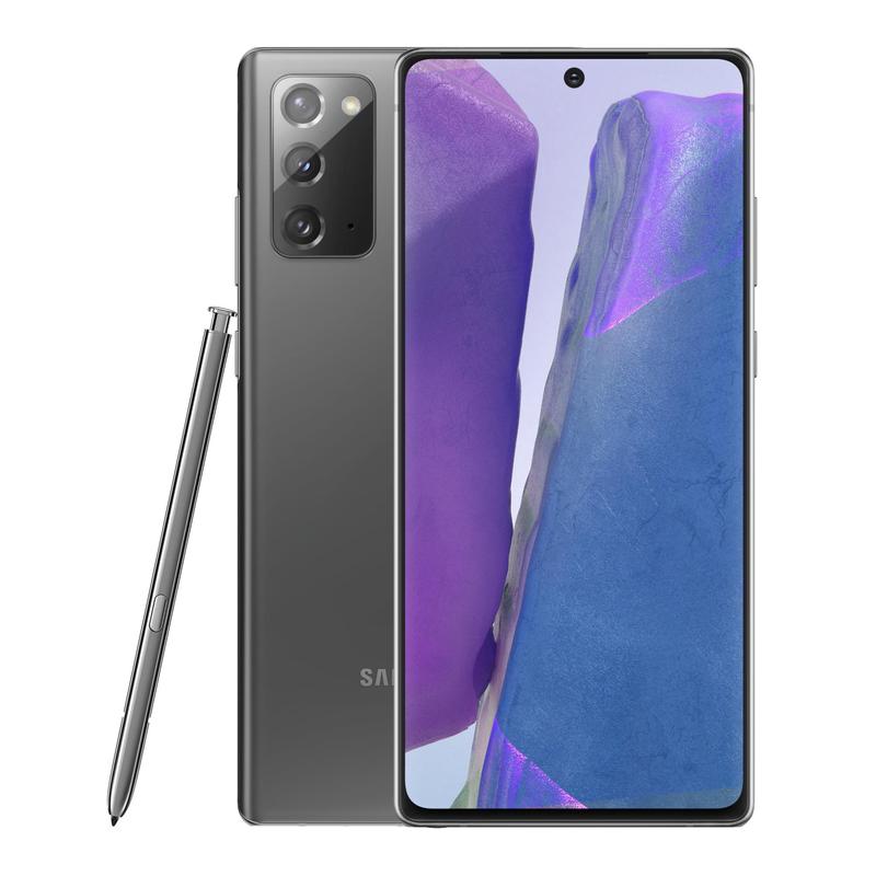 Samsung Galaxy Note20 4G in Mystic Grey with S Pen, showcasing its sleek design and 6.7' Super AMOLED+ display.