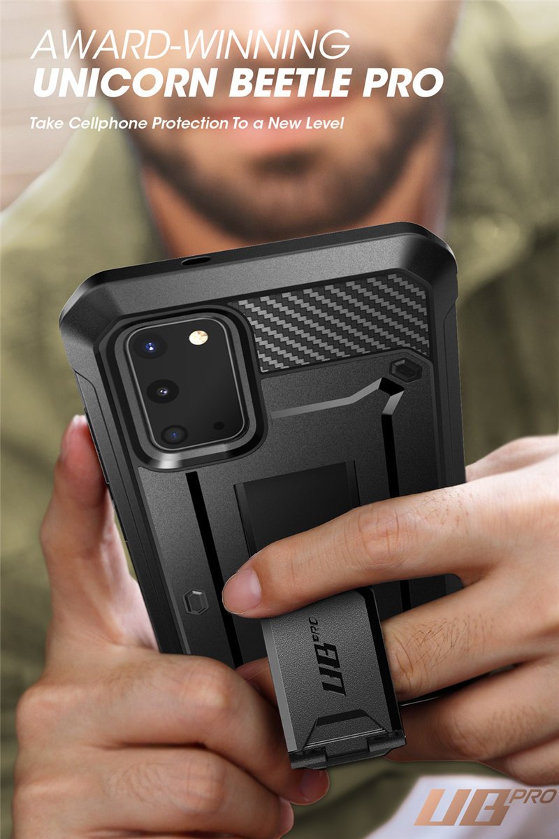Samsung Galaxy S20 UB Pro Full-Body Case in Black, showcasing rugged design and kickstand feature.