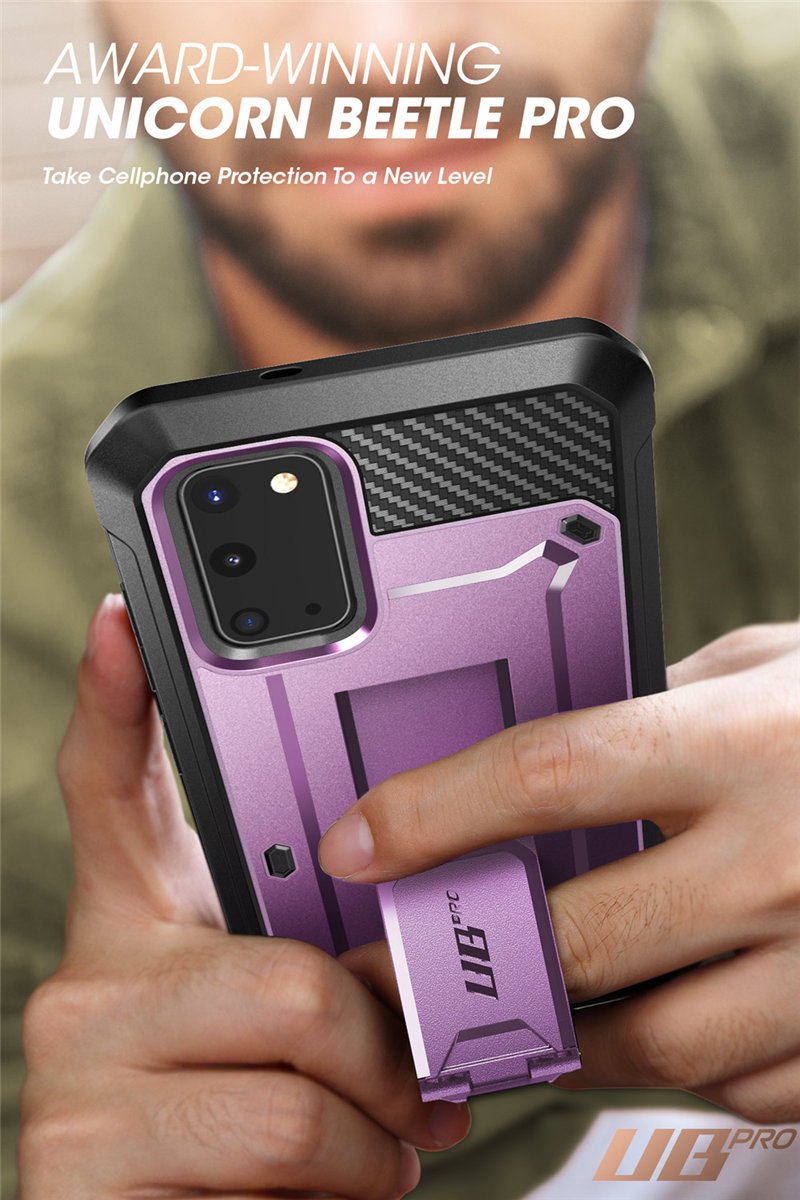 Samsung Galaxy S20 UB Pro Full-Body Case in Black, showcasing rugged design and kickstand feature.