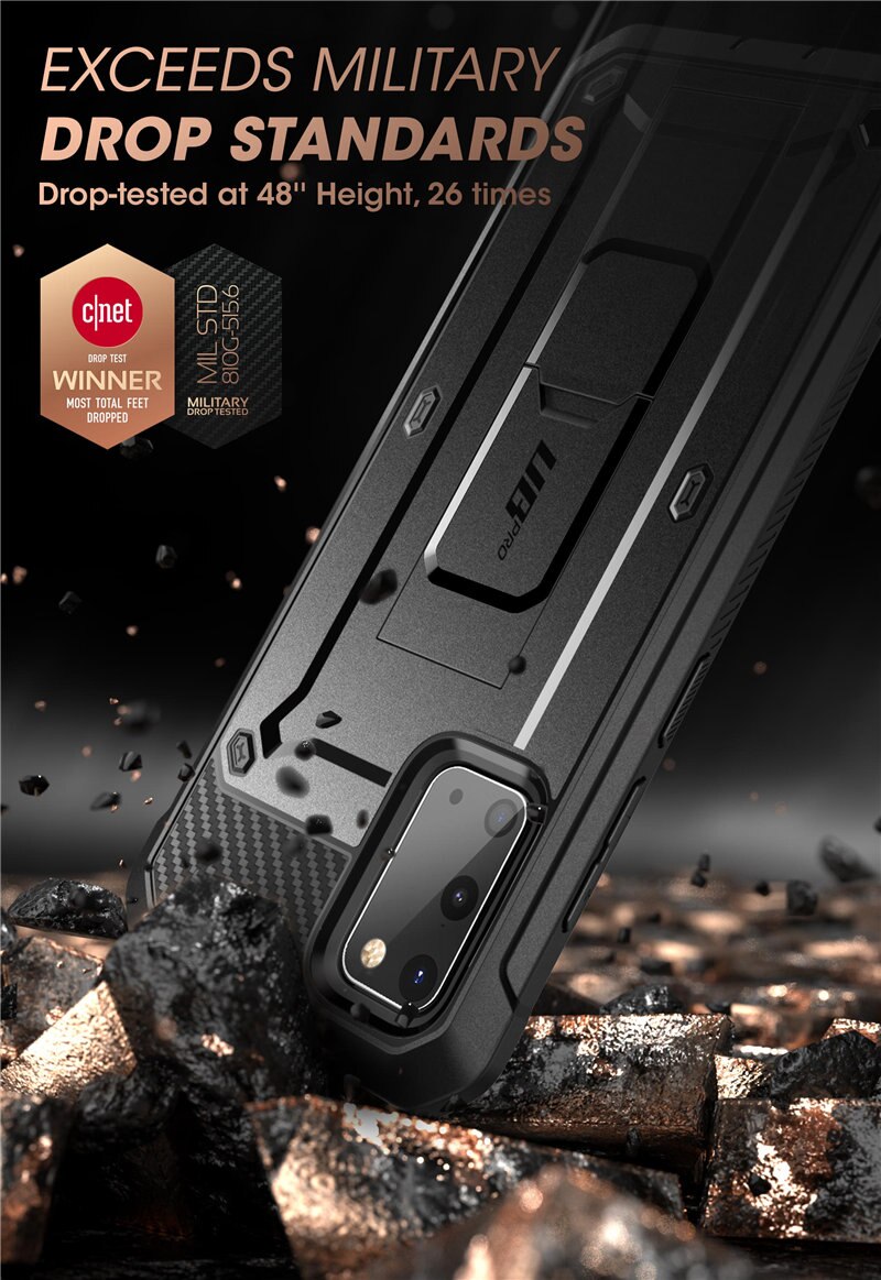 Samsung Galaxy S20 UB Pro Full-Body Case in Black, showcasing rugged design and kickstand feature.