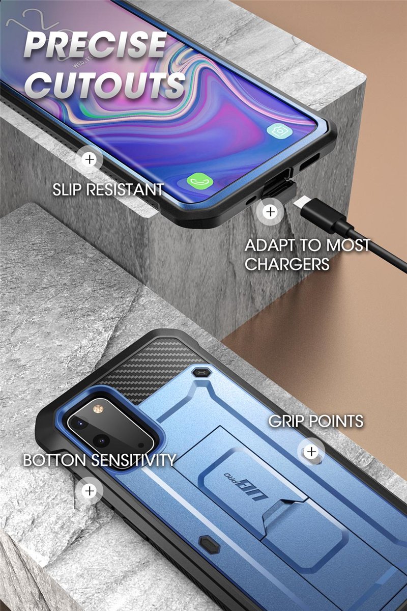 Samsung Galaxy S20 UB Pro Full-Body Case in Black, showcasing rugged design and kickstand feature.