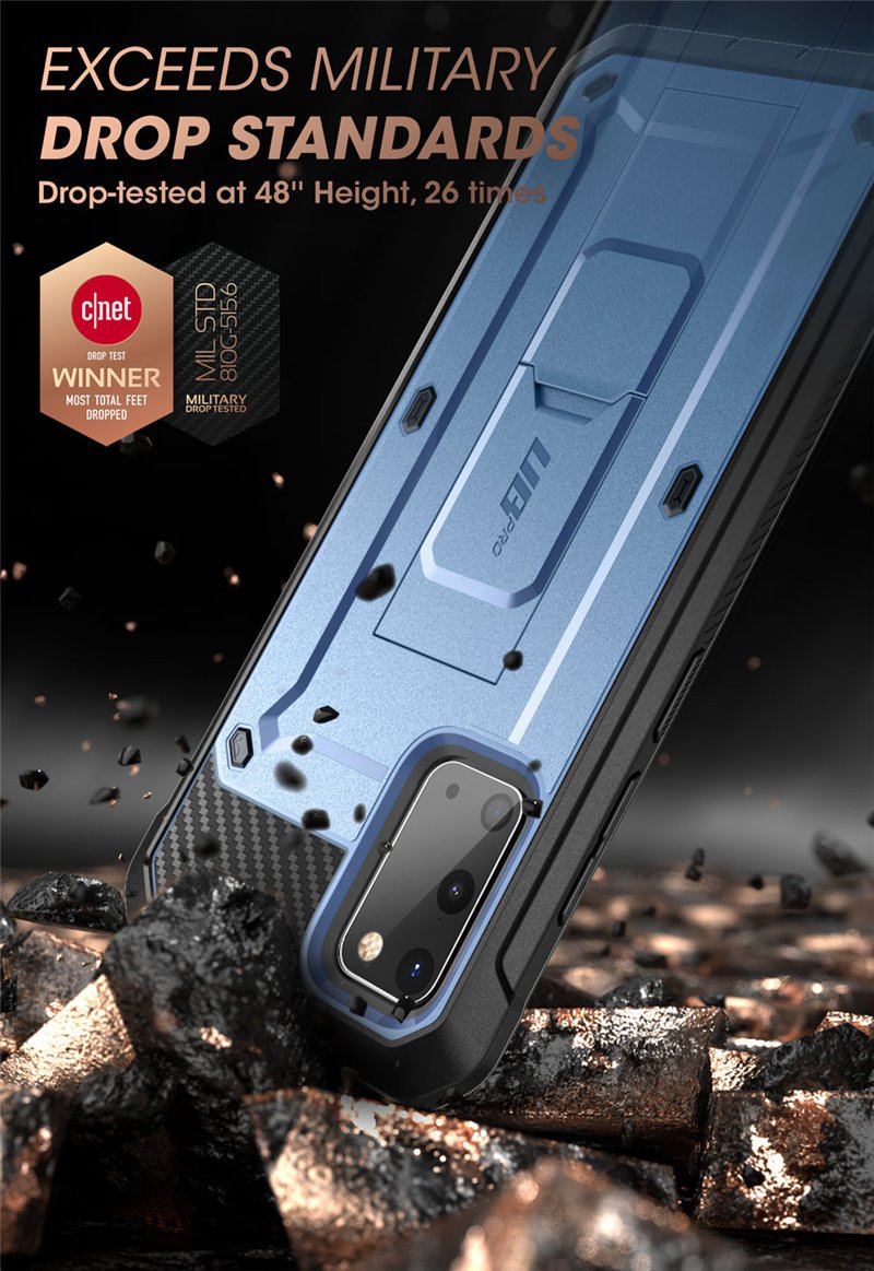 Samsung Galaxy S20 UB Pro Full-Body Case in Black, showcasing rugged design and kickstand feature.