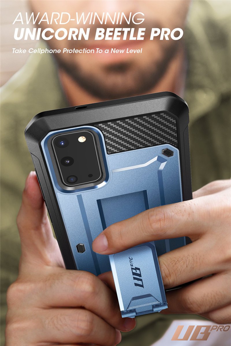 Samsung Galaxy S20 UB Pro Full-Body Case in Black, showcasing rugged design and kickstand feature.