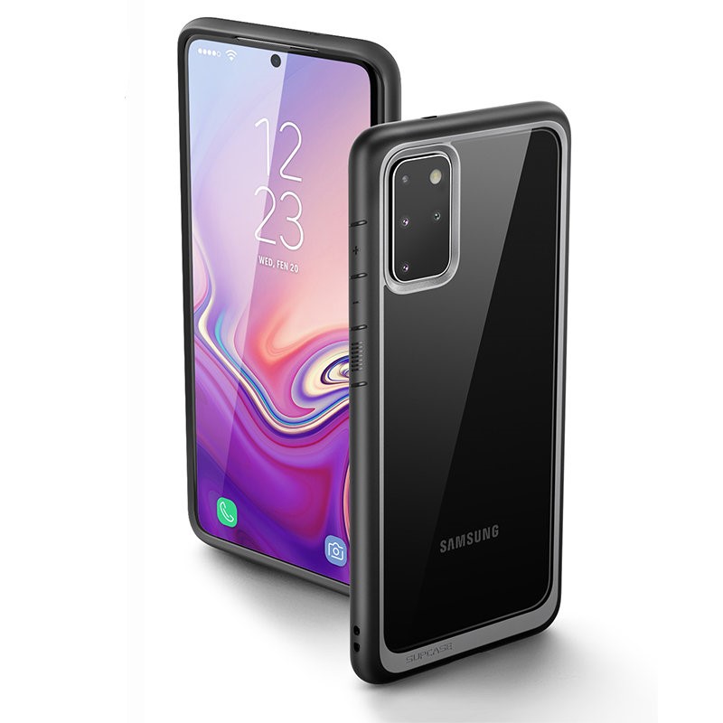 Samsung Galaxy S20 Plus Case in black, blue, and purple colors, showcasing a slim and durable design with a clear back and TPU bumper.
