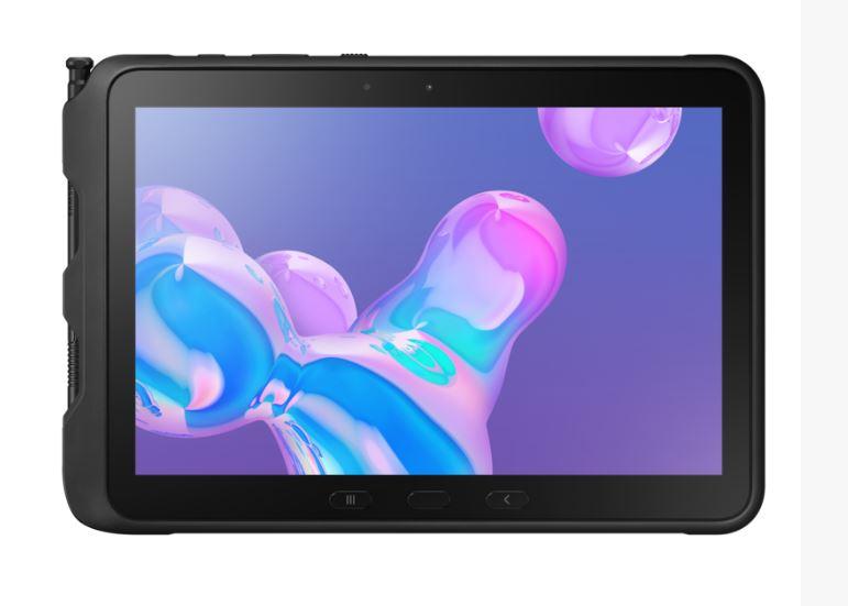 SAMSUNG Galaxy Tab Active Pro in black with a 10.1-inch display, showcasing its rugged design and S Pen.