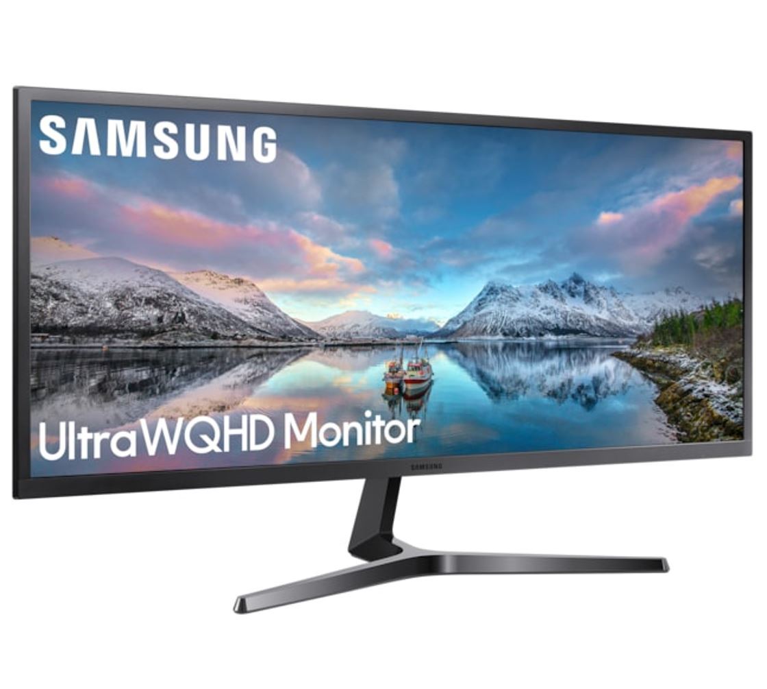 SAMSUNG J550 34-inch Ultra-Wide Monitor showcasing WQHD resolution and sleek design with a slim bezel.