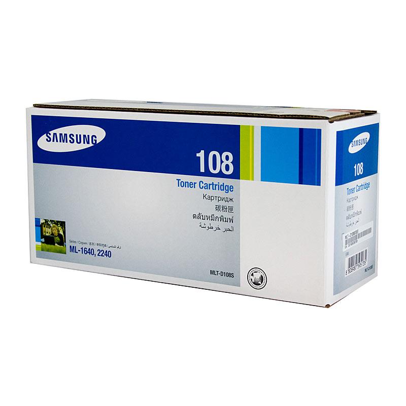 SAMSUNG MLTD108S Toner cartridge in black, designed for Samsung printers, showcasing its sleek design and labeling.