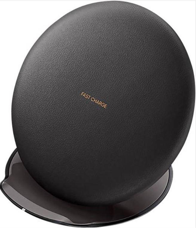 SAMSUNG Wireless Charging Pad in black with a premium leather-feel finish, designed for fast charging and versatility.