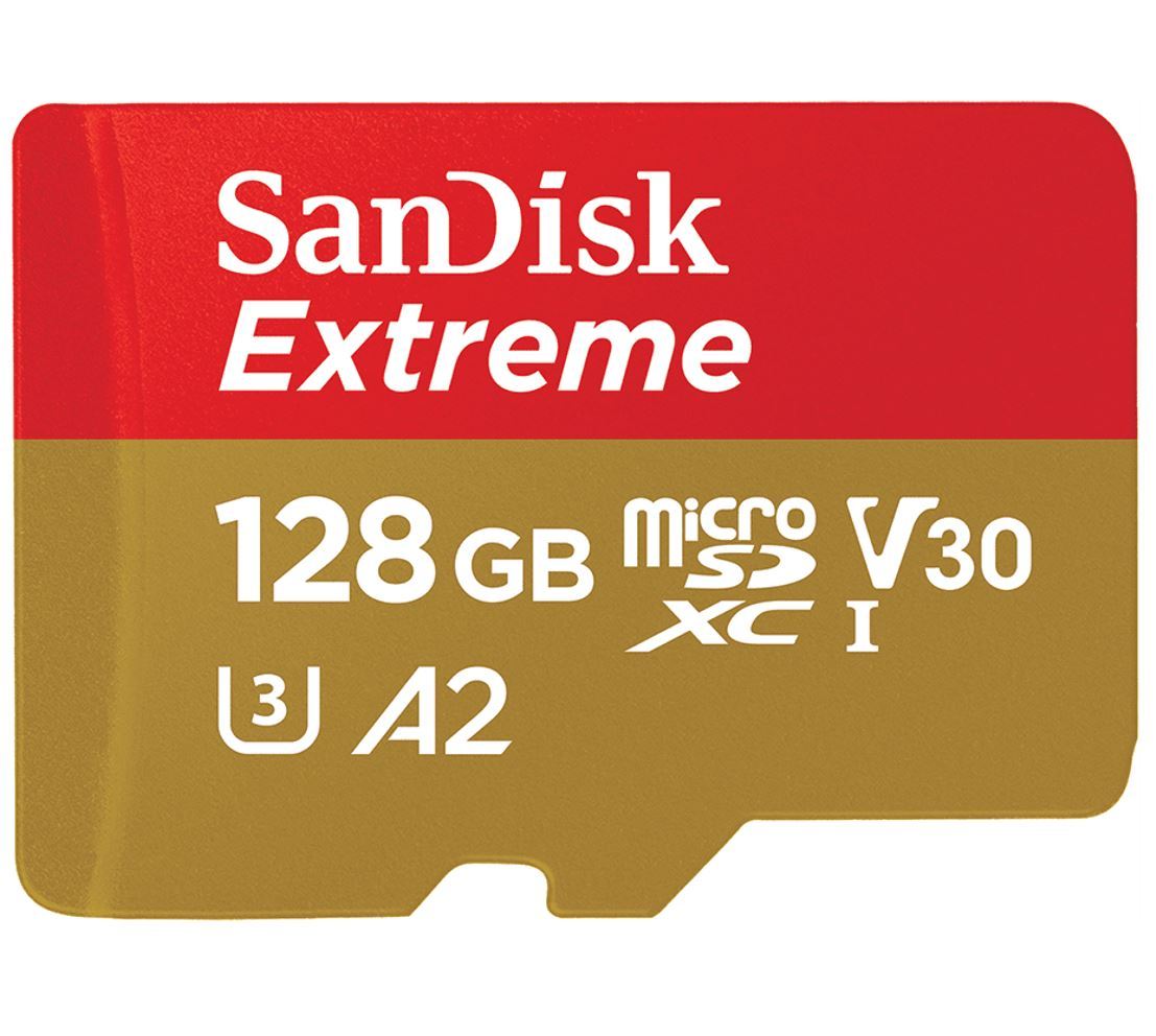 SanDisk 128GB Extreme microSD card with SD adapter, showcasing its high-speed performance and durability features.