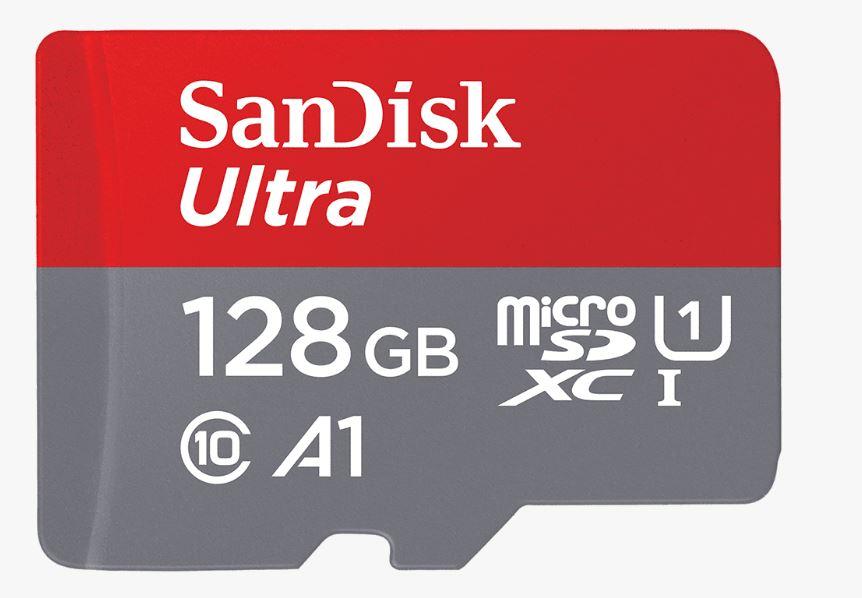 SanDisk 128GB Ultra microSD card with UHS-I technology, ideal for Full HD video recording and fast app performance.