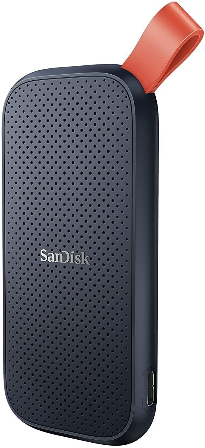SanDisk 1TB Portable SSD with USB-C connector, showcasing its compact and durable design.