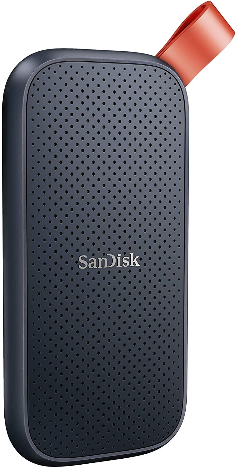 SanDisk 1TB Portable SSD with USB-C connector, showcasing its compact and durable design.