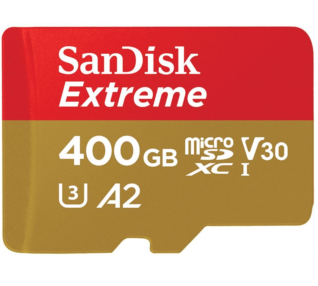 SanDisk 400GB Extreme microSD card with high-speed performance for 4K UHD video recording and durable design.
