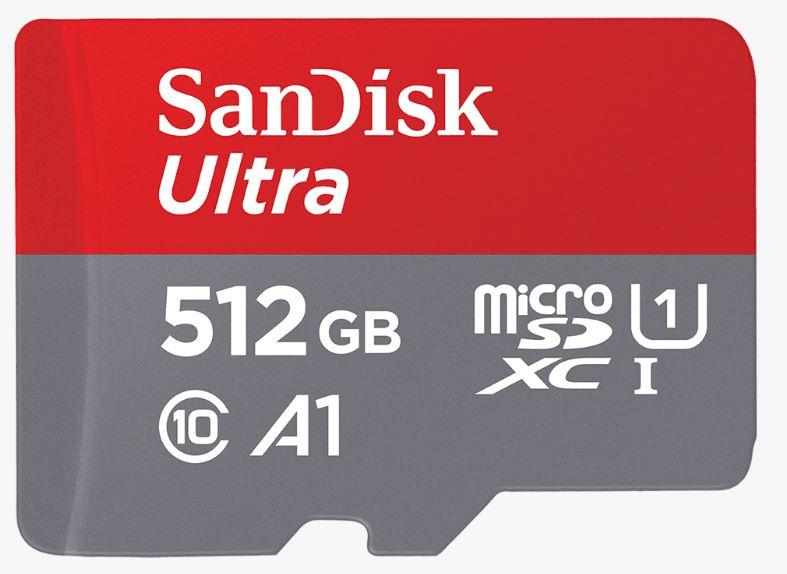 SanDisk 512GB Ultra microSD card with UHS-I technology, ideal for Full HD video and app performance.