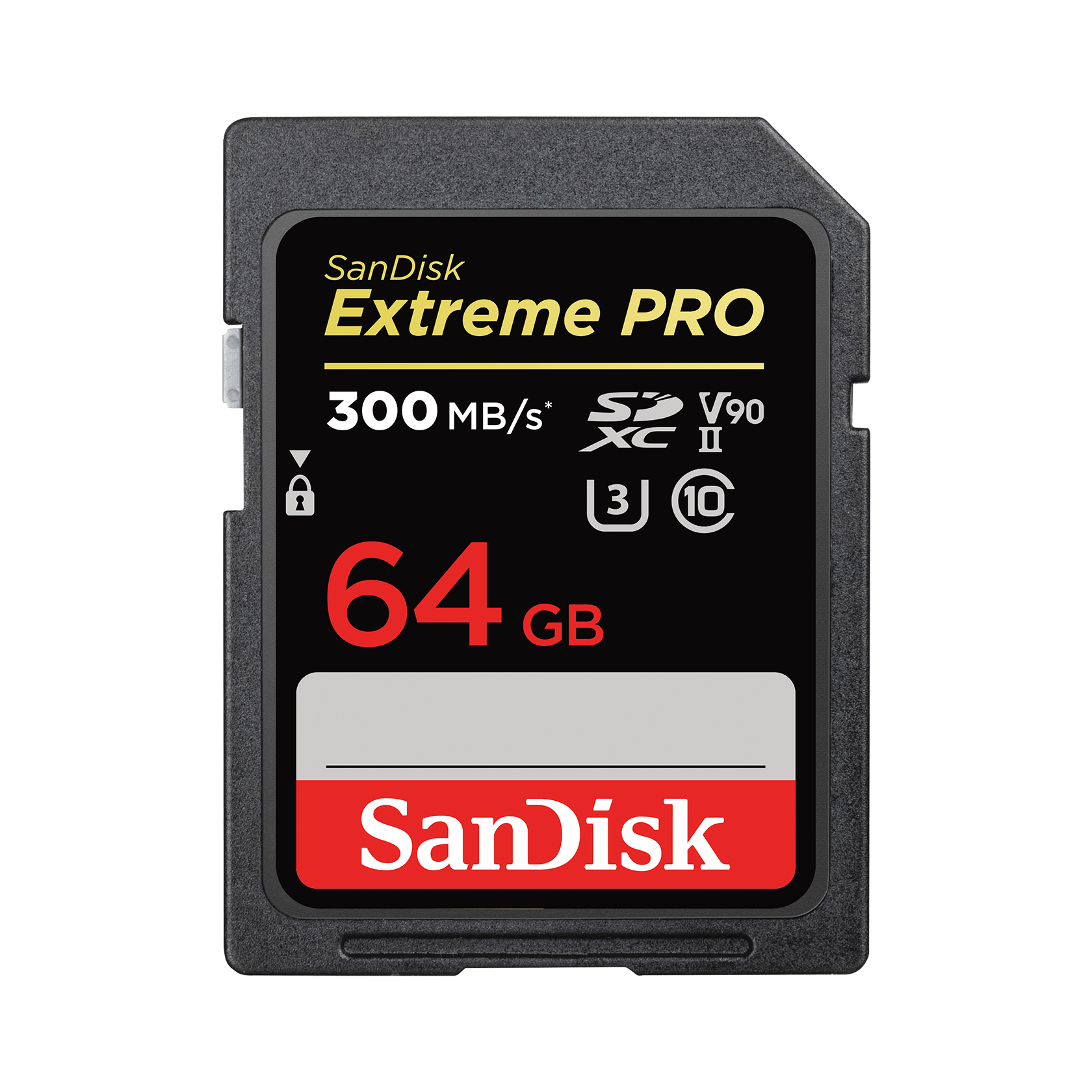 SanDisk 64GB Extreme PRO SDHC and SDXC UHS-II card, showcasing its compact design and high-performance specifications.