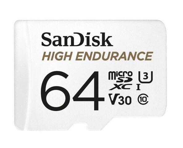 SANDISK 64GB High Endurance micro SDXC card with SD adapter, ideal for action cameras and smartphones.