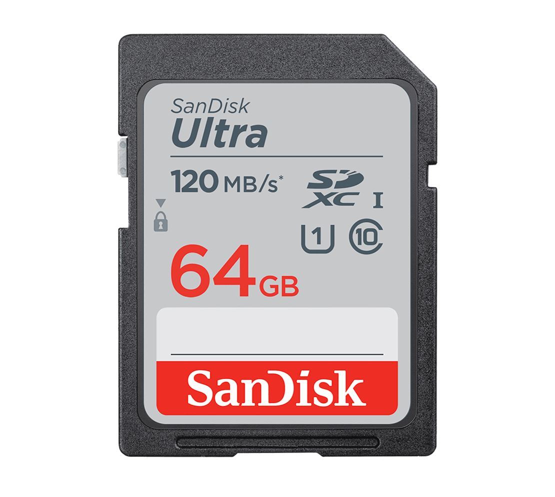 SanDisk 64GB Ultra SDHC SDXC UHS-I Memory Card showcasing its sleek design and storage capacity.