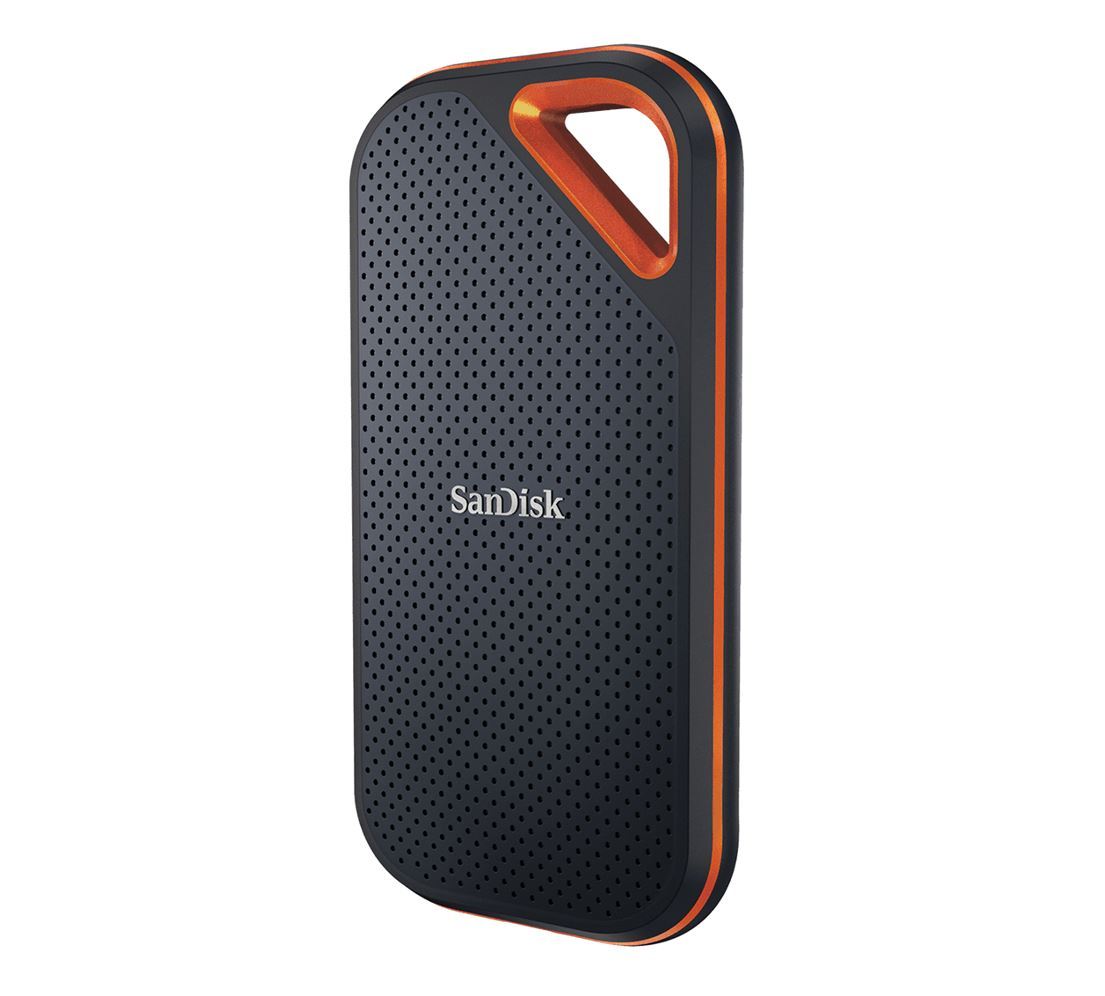 SanDisk Extreme Pro 2TB External Portable SSD with USB-C and USB-A connectors, showcasing its rugged aluminum design and compact size.