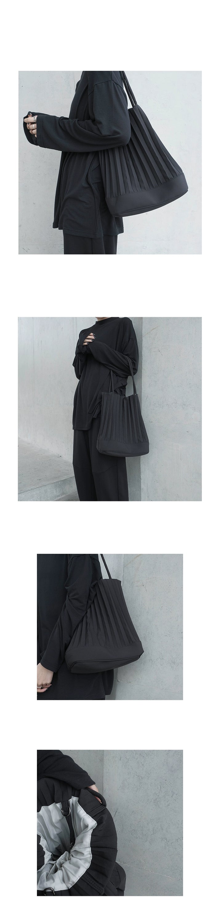 A stylish handmade ruched handbag in black, featuring a bucket shape and adjustable shoulder strap, perfect for various occasions.