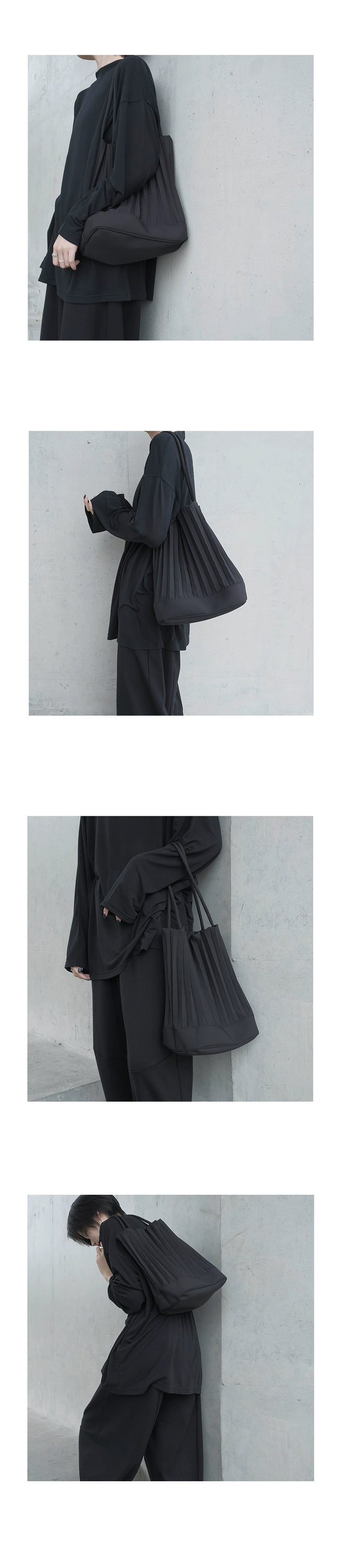 A stylish handmade ruched handbag in black, featuring a bucket shape and adjustable shoulder strap, perfect for various occasions.