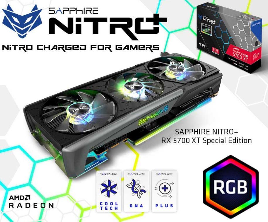 SAPPHIRE AMD RADEON NITRO+ RX 5700 XT graphics card with ARGB lighting and Tri-X cooling technology.