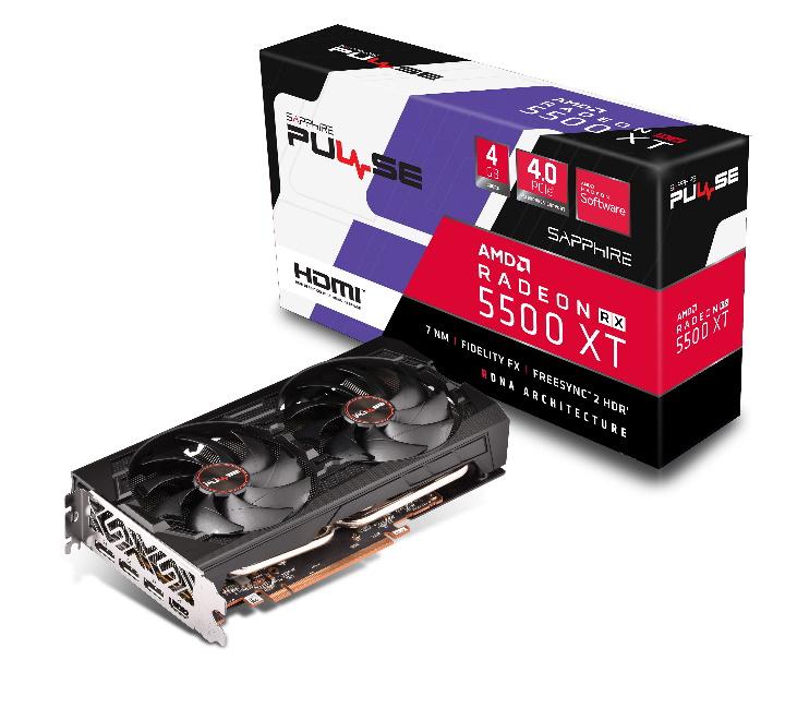 SAPPHIRE AMD Radeon Pulse RX 5500 XT graphics card with dual fans and aluminum backplate, designed for 1080p gaming.