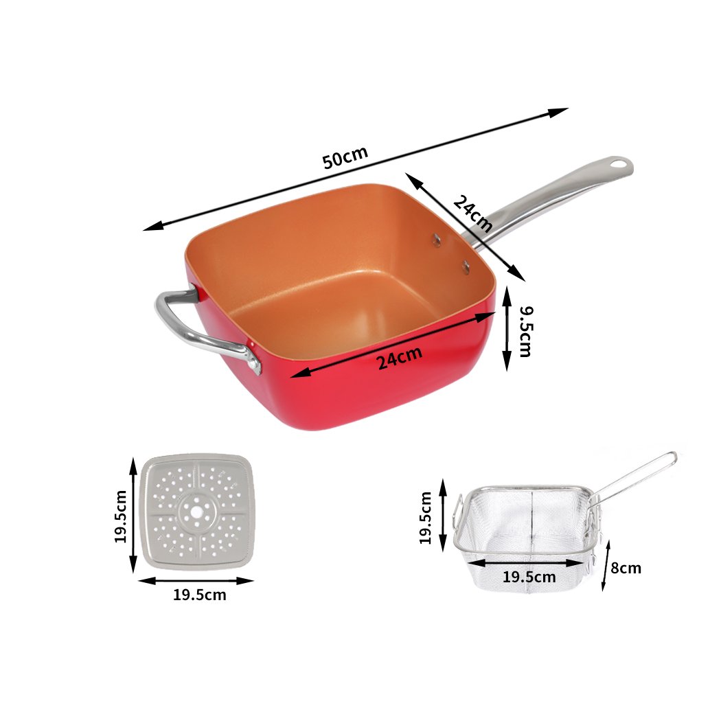 A red 3-in-1 saucepan set featuring a non-stick surface, stainless steel handle, deep fryer basket, and tempered glass lid, ideal for versatile cooking.