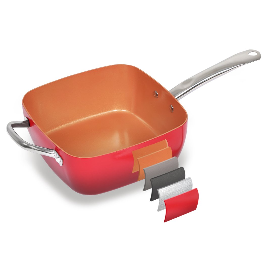 A red 3-in-1 saucepan set featuring a non-stick surface, stainless steel handle, deep fryer basket, and tempered glass lid, ideal for versatile cooking.