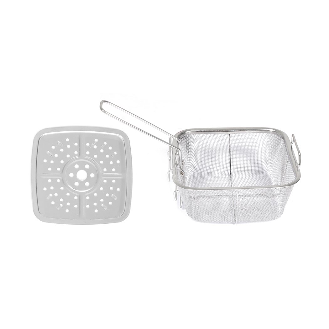 A red 3-in-1 saucepan set featuring a non-stick surface, stainless steel handle, deep fryer basket, and tempered glass lid, ideal for versatile cooking.